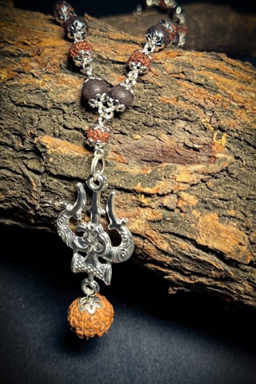 Silver Plated Rudraksha & Karungali Mala with Trishul Pendant