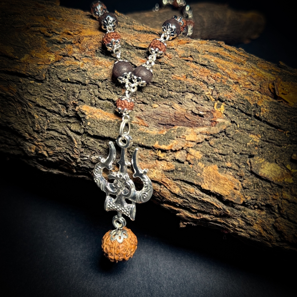Silver Plated Rudraksha & Karungali Mala with Trishul Pendant