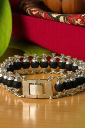 Silver Plated Karungali Modern Bracelet - Natural Ebony Wood