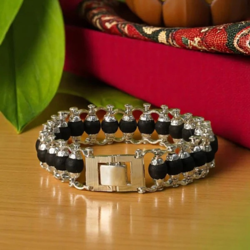 Silver Plated Karungali Modern Bracelet – Natural Ebony Wood
