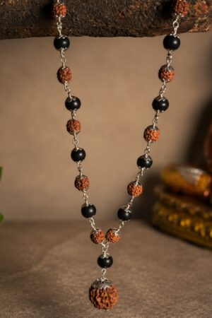 Silver Plated Rudraksha & Karungali Mala with 5 Mukhi Rudraksha Pendant