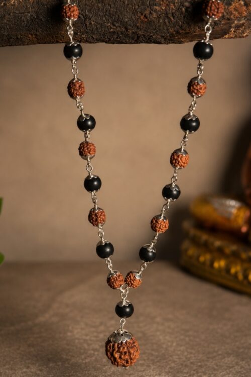 Silver Plated Rudraksha & Karungali Mala with 5 Mukhi Rudraksha Pendant