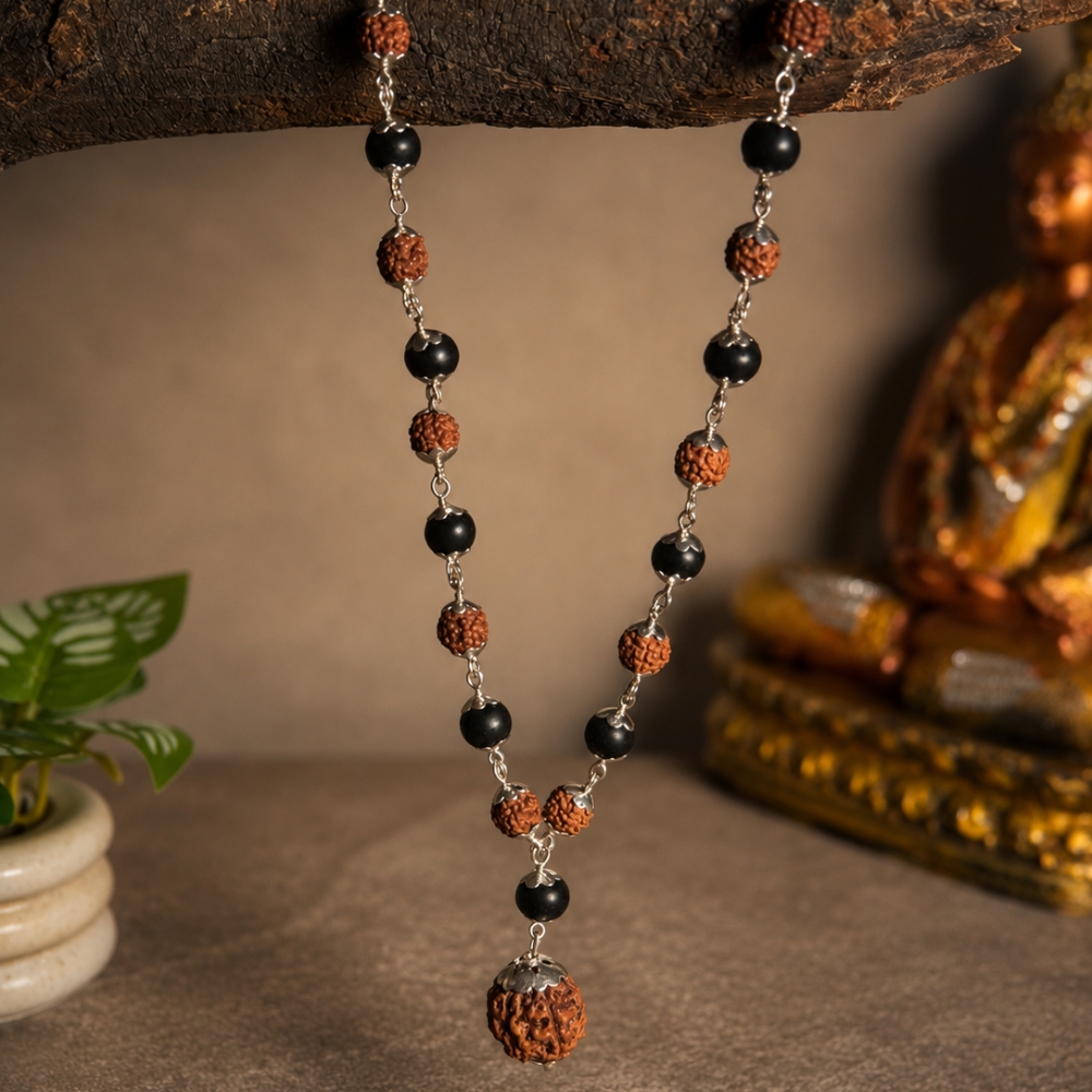 Silver Plated Rudraksha & Karungali Mala with 5 Mukhi Rudraksha Pendant