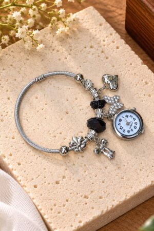 Women's Adjustable Silver Charm Bracelet Watch - Black