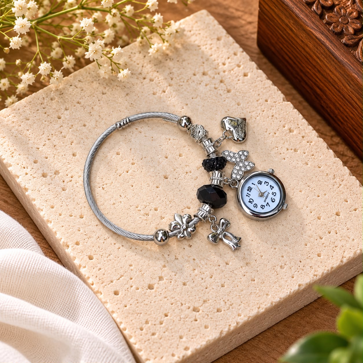 Women’s Adjustable Silver Charm Bracelet Watch – Black
