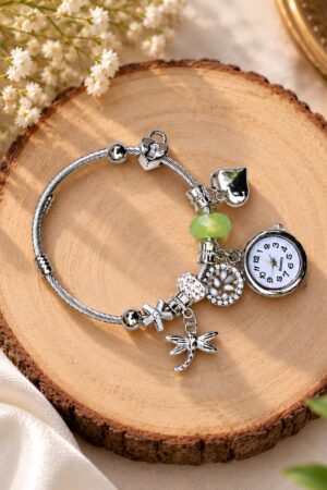 Women's Adjustable Silver Charm Bracelet Watch - Green