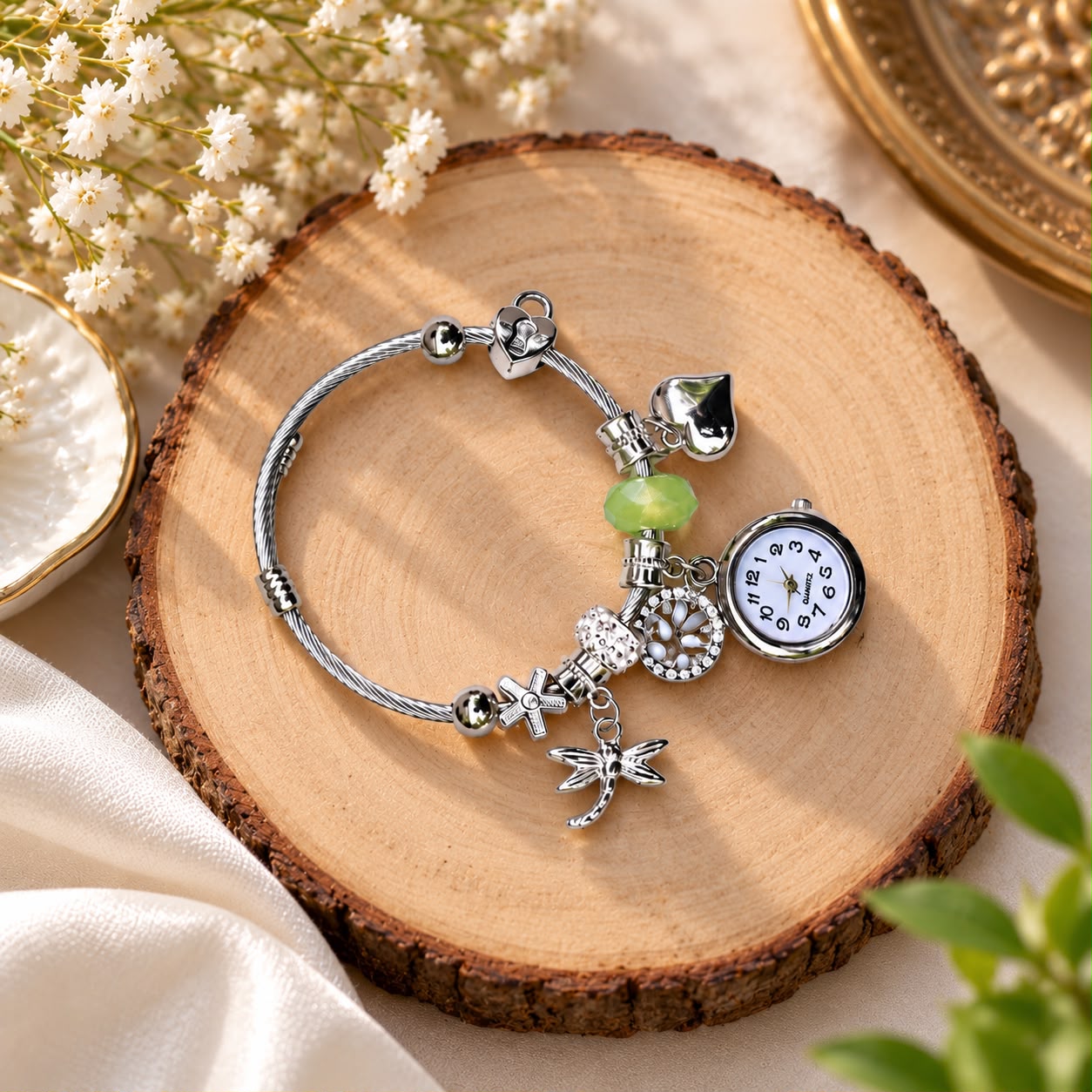 Women’s Adjustable Silver Charm Bracelet Watch – Green