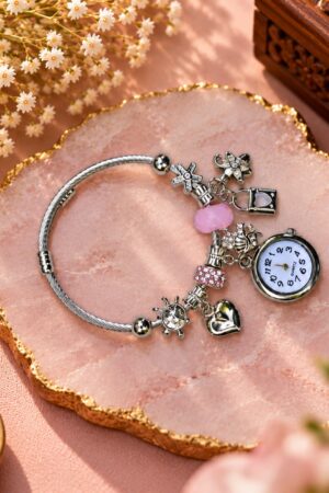 Women's Adjustable Silver Charm Bracelet Watch - Pink