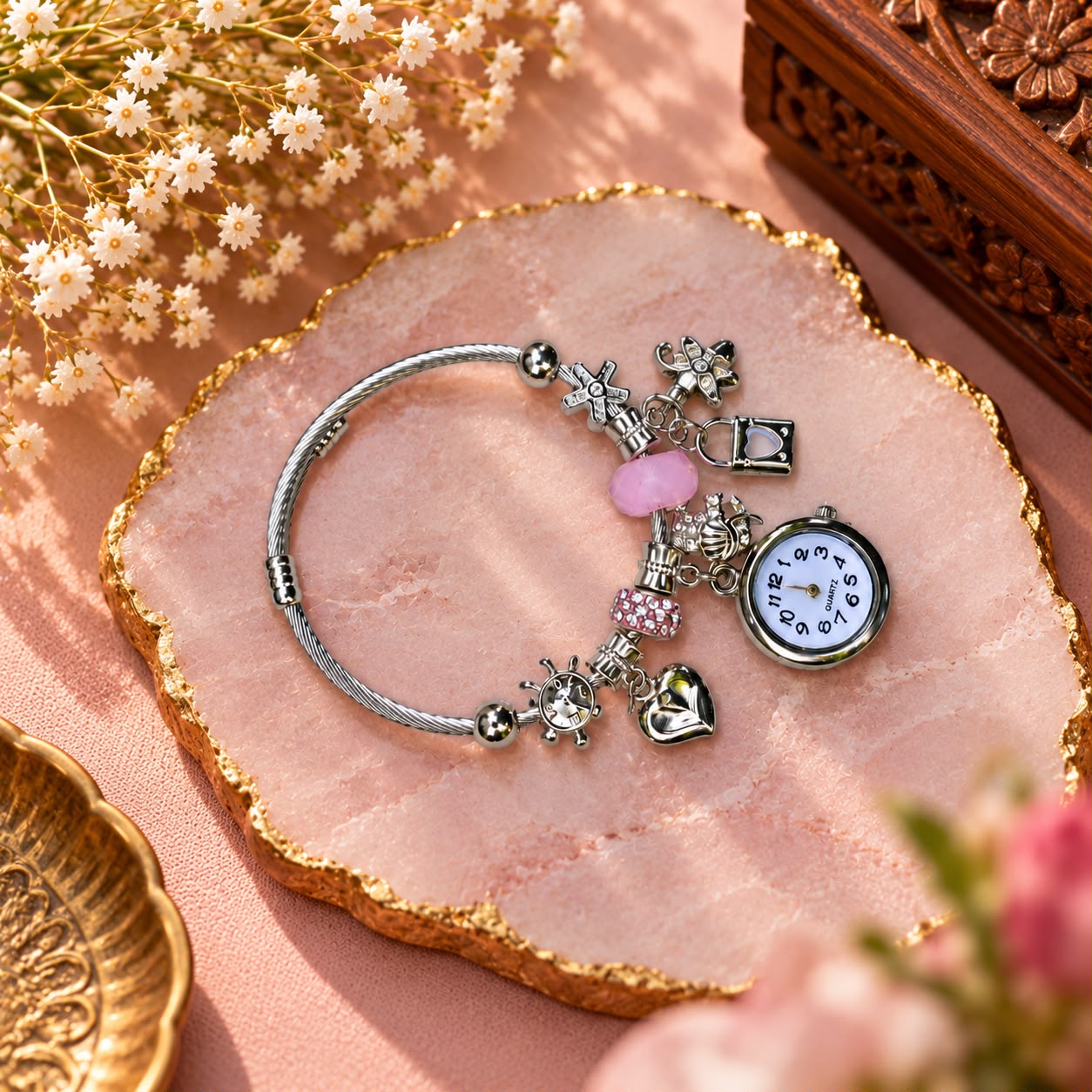 Women’s Adjustable Silver Charm Bracelet Watch – Pink