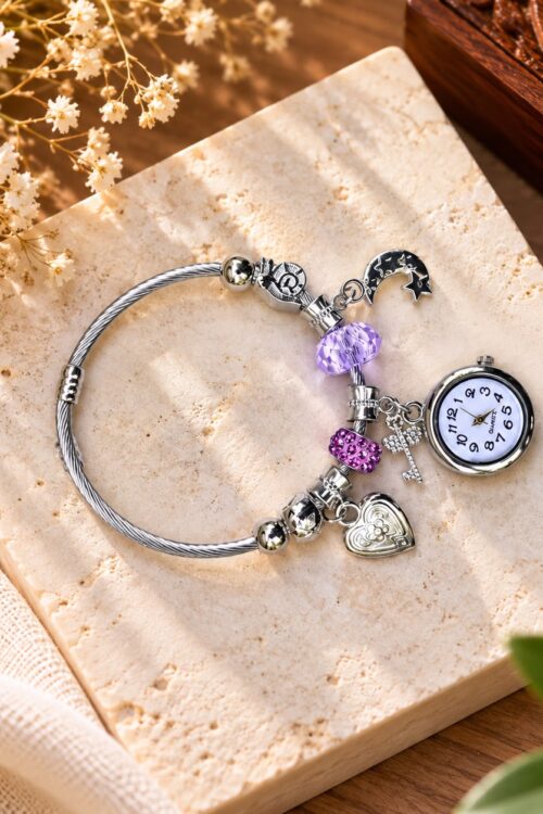 Women’s Adjustable Silver Charm Bracelet Watch – Purple