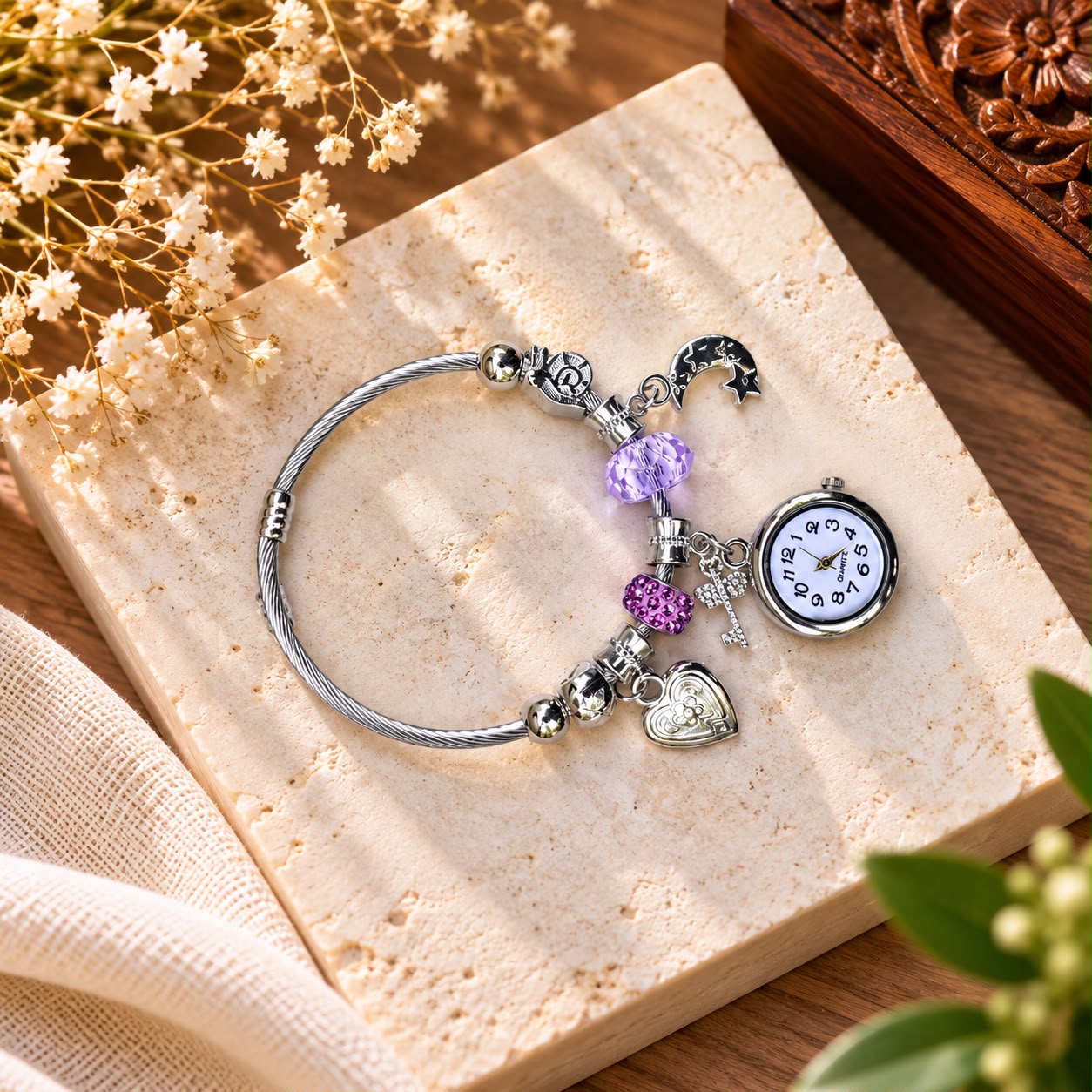 Women’s Adjustable Silver Charm Bracelet Watch – Purple