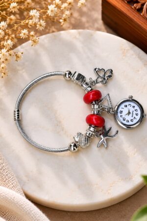 Women's Adjustable Silver Charm Bracelet Watch - Red