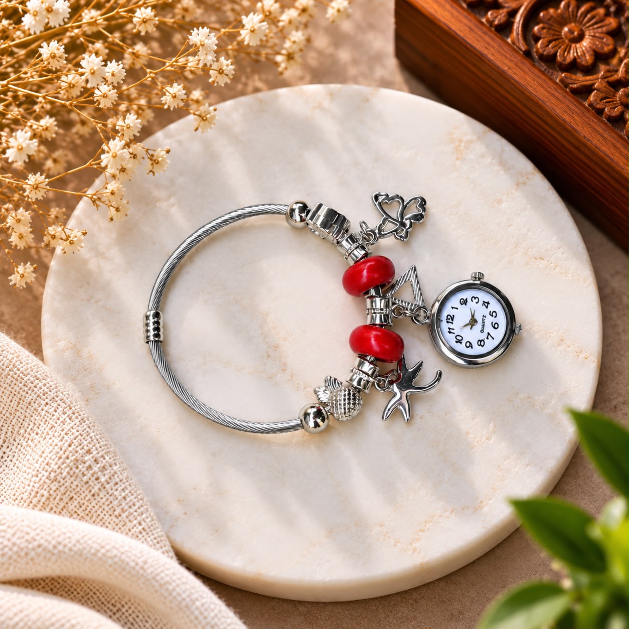 Women’s Adjustable Silver Charm Bracelet Watch – Red