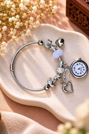 Women's Adjustable Silver Charm Bracelet Watch - White