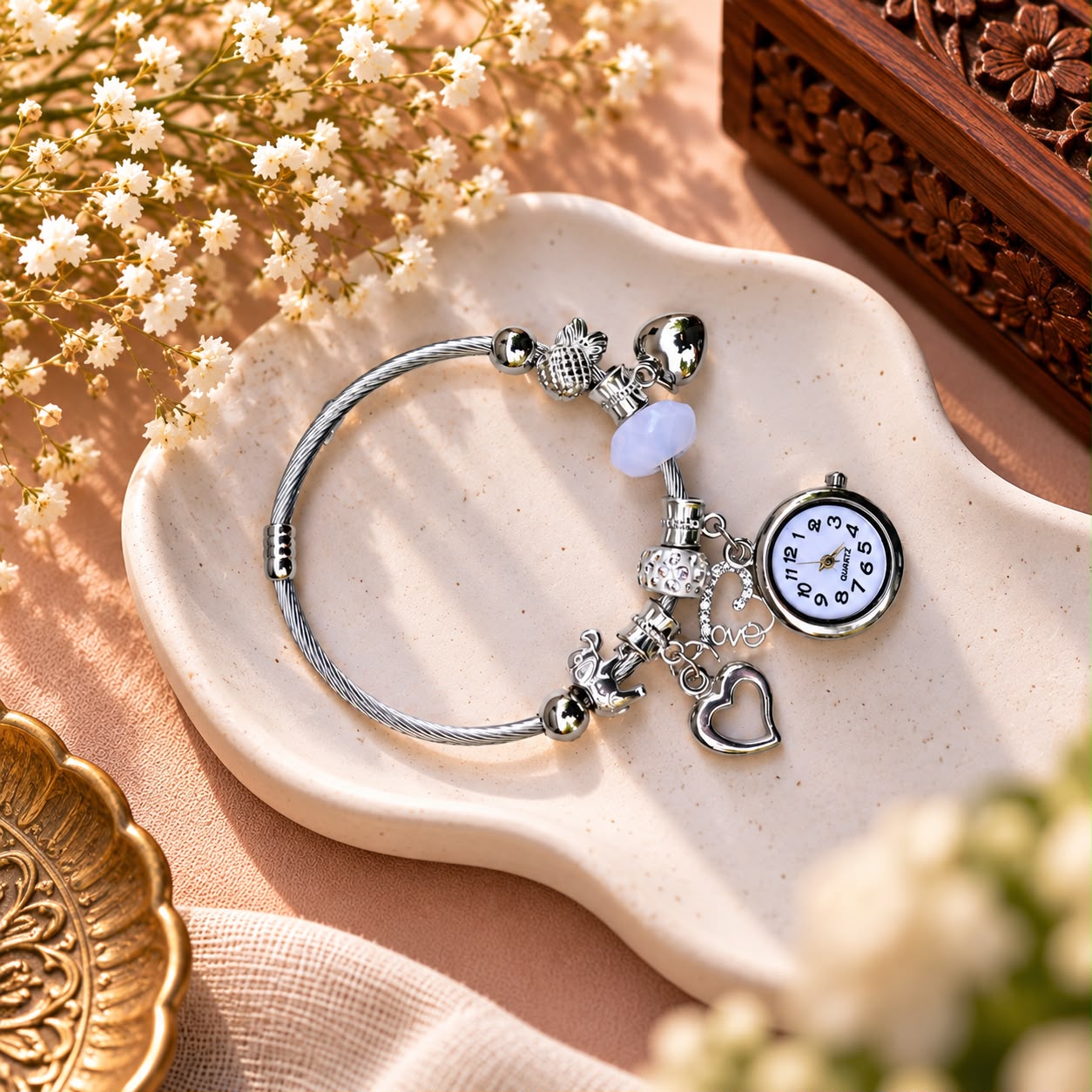 Women’s Adjustable Silver Charm Bracelet Watch – White